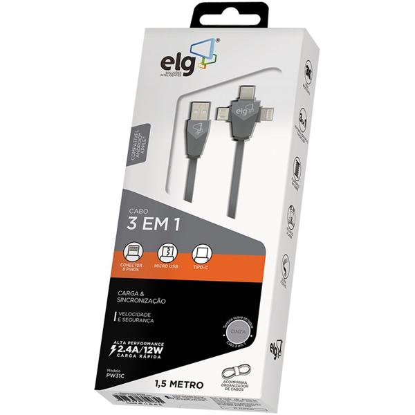 Cabo 3 em 1: Lightning + USB Tipo-C + Micro USB, 1,5m, PW31C - ELG - CX 1 UN