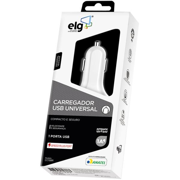 Carregador veicular universal, 1 porta USB 1A, Branco, CC1SBR, ELG - BT 1 UN