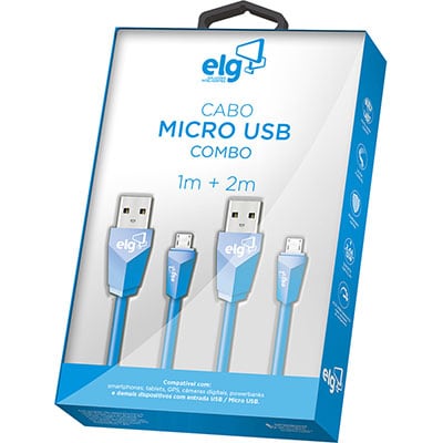 Cabo USB para micro USB, 1m + 2m, Azul, CMB512BE, Elg - BT 1 UN