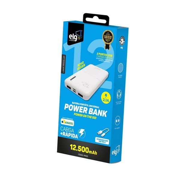 Carregador portátil Power Bank USB 12.500mAh branco PB125 Elg - PT 1 UN