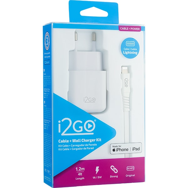 Carregador de tomada c/ 1 saída USB+cabo Lightning branco KIT003 I2Go BT 1 UN