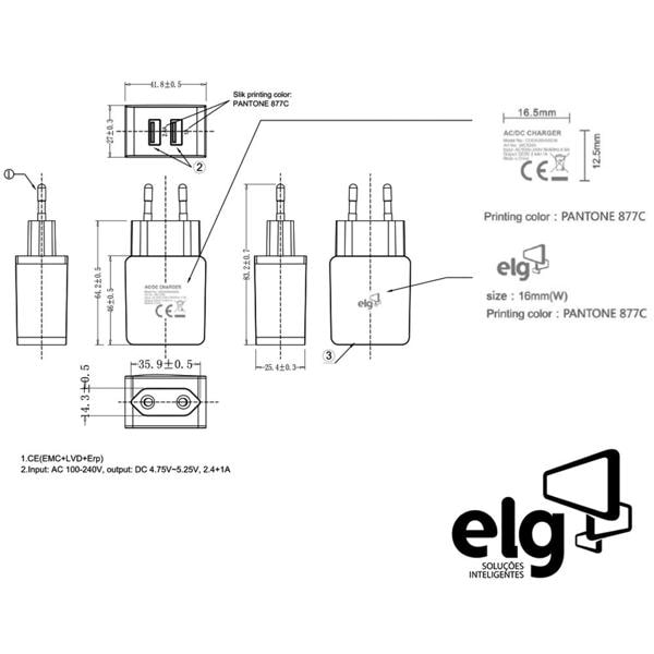 Carregador de tomada c/2 saídas USB branco WC124A Elg CX 1 UN