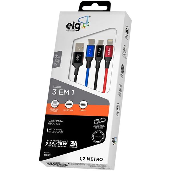 Cabo 3 em 1 para recarga, USB para Micro USB, Type-C e Lightning, 31CBK, Elg - CX 1 UN