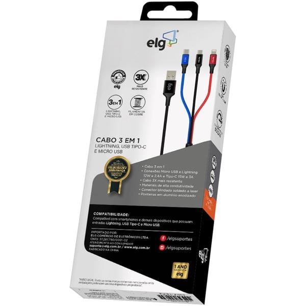 Cabo 3 em 1 para recarga, USB para Micro USB, Type-C e Lightning, 31CBK, Elg - CX 1 UN