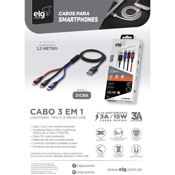 Cabo 3 em 1 para recarga, USB para Micro USB, Type-C e Lightning, 31CBK, Elg - CX 1 UN