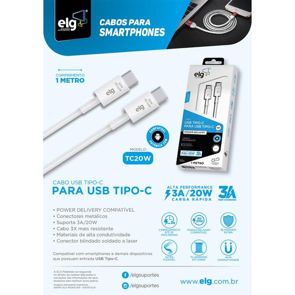 Cabo USB C para Tipo-C, 1m, Branco, TC20W, Elg - CX 1 UN