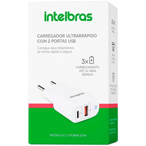 Carregador de tomada ultrarrápido com 2 saídas AC/DC, USB, EC 11, Power, 20W, 4820046, Intelbras - CX 1 UN