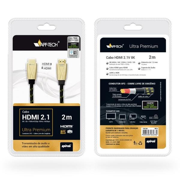 Cabo HDMI 2.1, Ultra Premium, High Speed, 2 metros, 8K002, App-tech - BT 1 UN