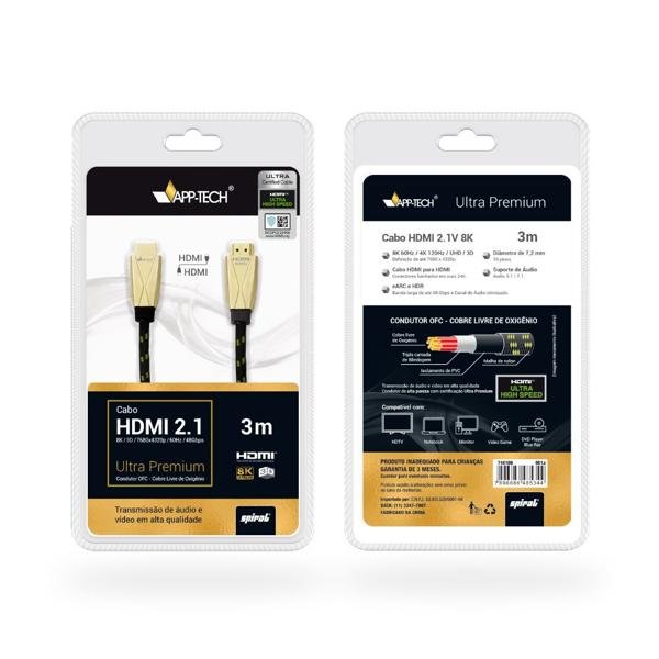 Cabo HDMI 2.1, Ultra Premium, High Speed, 3 metros, App-tech - BT 1 UN
