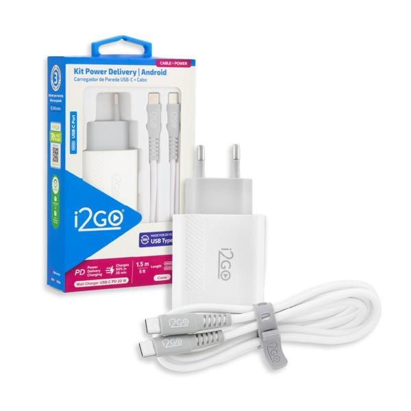 Kit Carregador De Parede Ultra Rápido Com 1 Saída USB-C Power Delivery 20W + Cabo USB-C para USB-C, I2GO 1,5m 3A, I2GKIT9474, I2Go - 1 UN