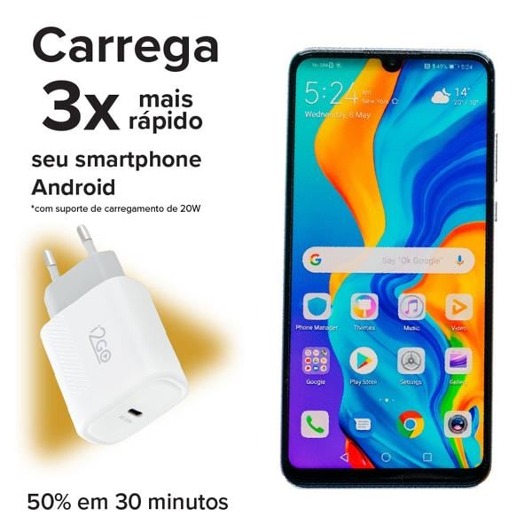 Kit Carregador De Parede Ultra Rápido Com 1 Saída USB-C Power Delivery 20W + Cabo USB-C para USB-C, I2GO 1,5m 3A, I2GKIT9474, I2Go - 1 UN