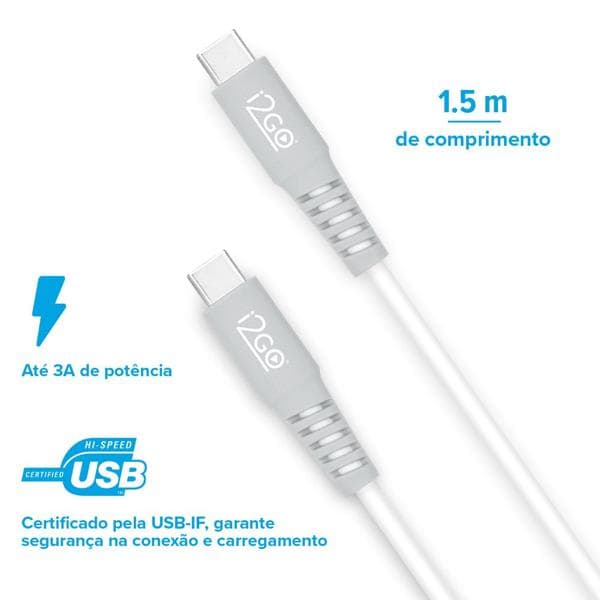 Kit Carregador De Parede Ultra Rápido Com 1 Saída USB-C Power Delivery 20W + Cabo USB-C para USB-C, I2GO 1,5m 3A, I2GKIT9474, I2Go - 1 UN