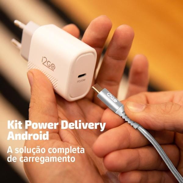 Kit Carregador De Parede Ultra Rápido Com 1 Saída USB-C Power Delivery 20W + Cabo USB-C para USB-C, I2GO 1,5m 3A, I2GKIT9474, I2Go - 1 UN