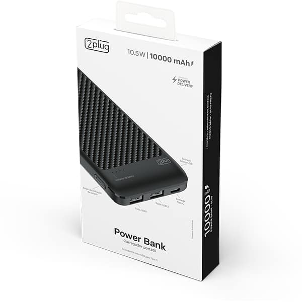 Carregador portátil usb, 3 em 1, 10000mAh, Preto, SL10, 2Plug - CX 1 UN