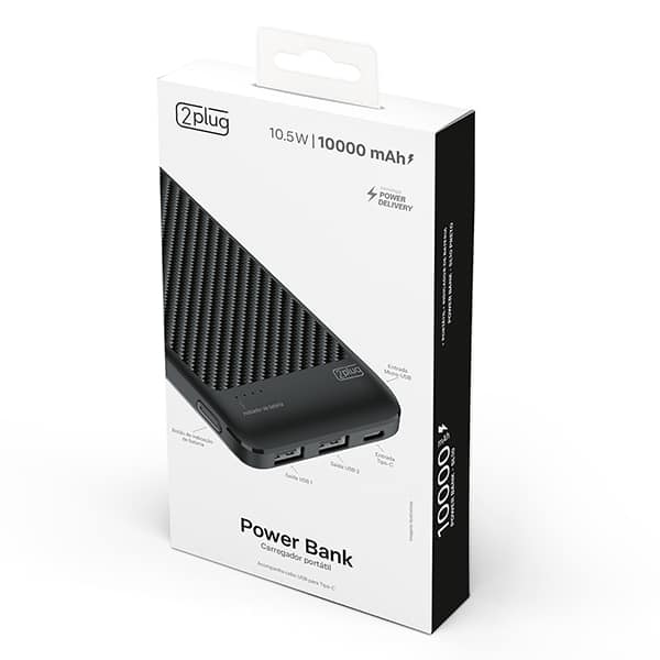 Carregador Portátil Power Bank USB, Fast Charger PD, 10000mAh, Preto, SL10, 2Plug - CX 1 UN