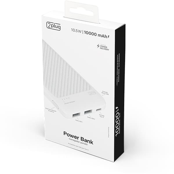 Carregador portátil usb, 3 em 1, 10000mAh, Branco, SL10, 2Plug - CX 1 UN
