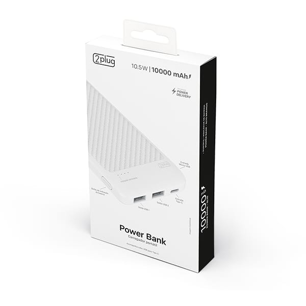 Carregador Portátil Power Bank USB, Fast Charger PD, 10000mAh, Branco, SL10, 2Plug - CX 1 UN
