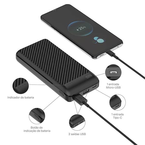 Carregador Portátil Power Bank USB, 20000mAh, Preto, SL20, 2Plug - CX 1 UN
