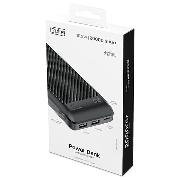 Carregador Portátil Power Bank USB, 20000mAh, Preto, SL20, 2Plug - CX 1 UN