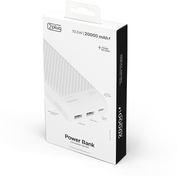 Carregador portátil usb p/ smartphone 20000mAh branco SL20 2Plug CX 1 UN