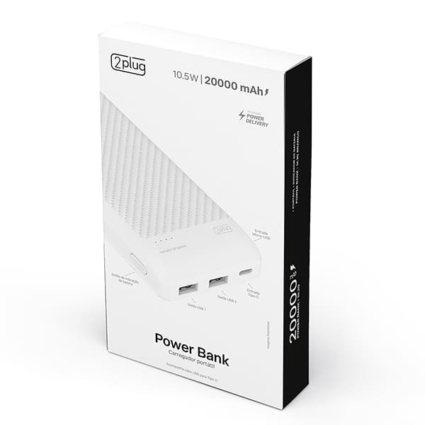 Carregador Portátil Power Bank USB, Fast Charger PD, 20000mAh, Branco, SL20, 2Plug - CX 1 UN