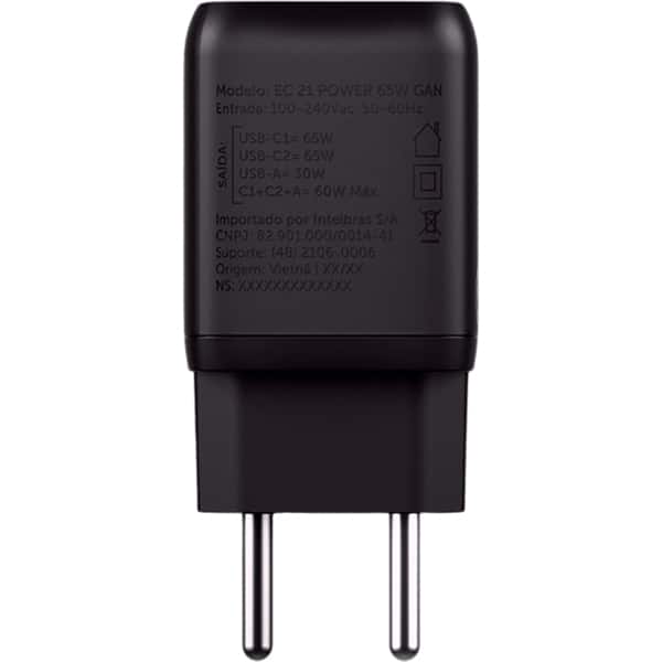 Carregador de tomada com 2 saídas USB-C+1 USB, 65w, Preto, EC-21, Intelbras - CX 1 UN