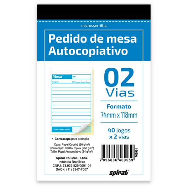 Bloco pedido de mesa autocopiativo 40 x 2 vias, 74 x 118mm, 310, Spiral - 1 UN