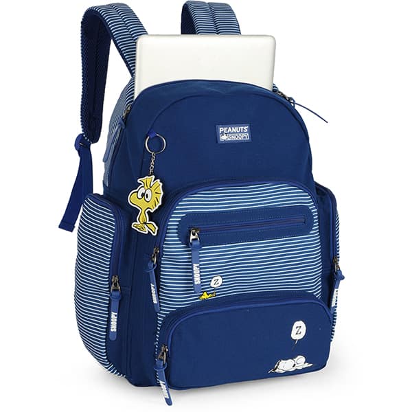 Mochila escolar em jeans, Snoopy, Azul, MJ47768SN, Luxcel - PT 1 UN