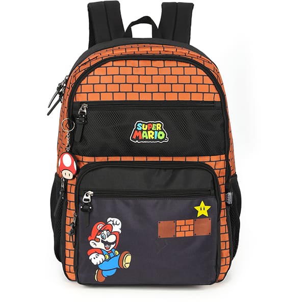 Mochila escolar em poliéster, Super Mario, Marrom, MJ47577MO, Luxcel - PT 1 UN