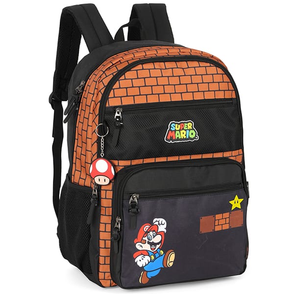 Mochila escolar em poliéster, Super Mario, Marrom, MJ47577MO, Luxcel - PT 1 UN