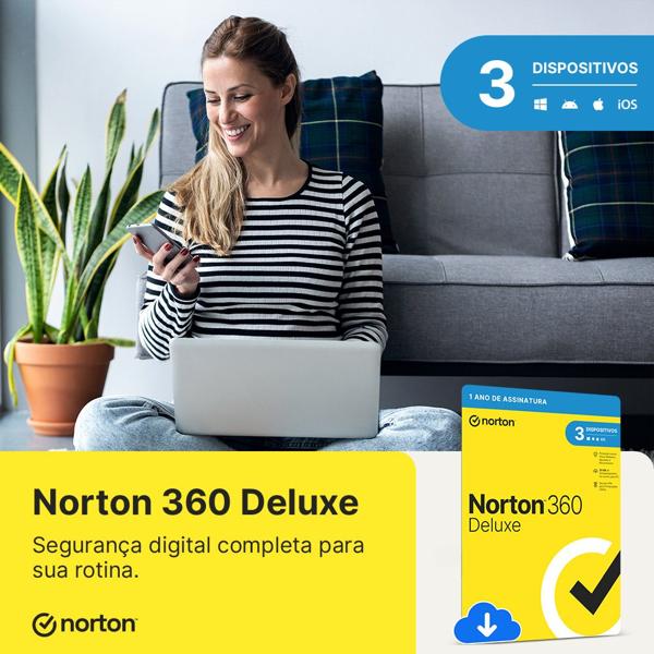 Norton Antivírus 360 Deluxe 3 dispositivos, Licença 12 meses, Digital para Download, Nortonlifelock - 1 UN