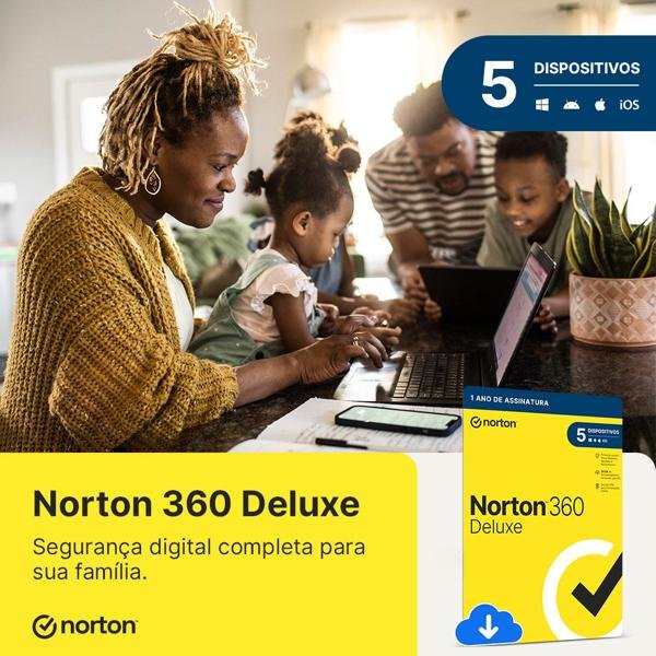 Norton Antivírus 360 Deluxe 5 dispositivos, Licença 12 meses, Digital para Download, Nortonlifelock - UN 1 UN