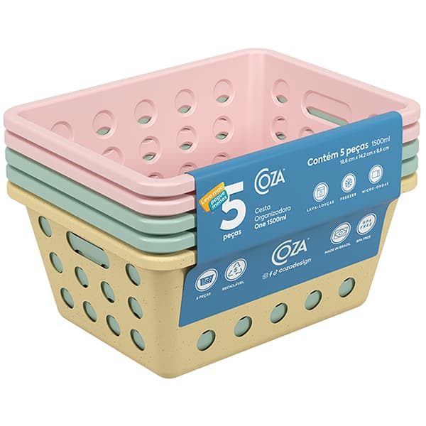 Kit de cestos plásticos com 5 peças, 1,5 L, 99427/3929, Coza - KT 5 UN Kit de cestos plásticos com 5 peças, 1,5 L, 99427/3929, Coza - KT 5 UN