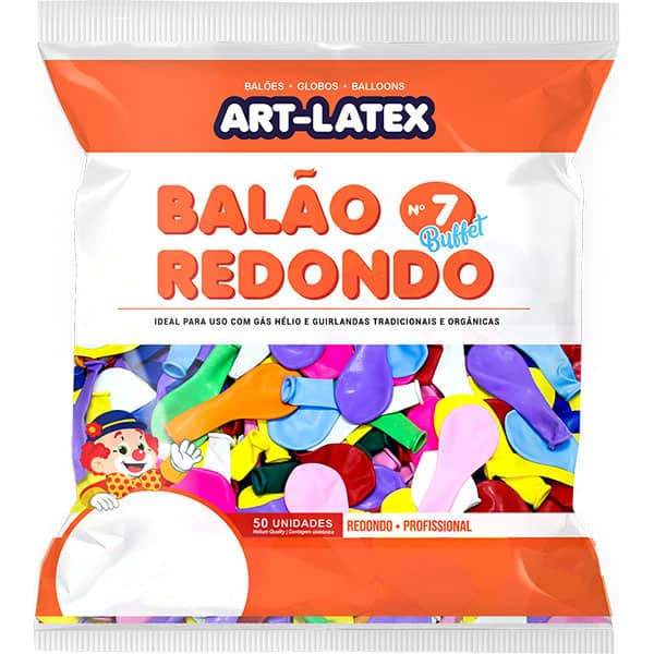 Balão redondo n.7, liso, sortido, Art-latex - PT 50 UN