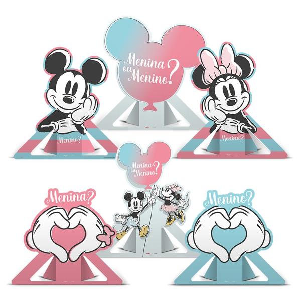 Decoração de Mesa Infantil, Chá Revelação, Mickey e Minnie, Regina Festas - PT 6 UN