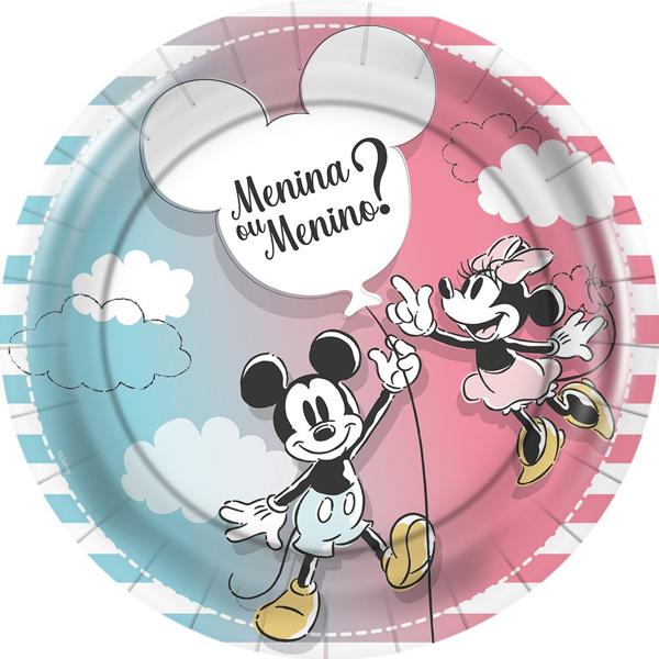 Prato para Festa Infantil Chá Revelação, Mickey e Minnie, Regina Festas - PT 12 UN