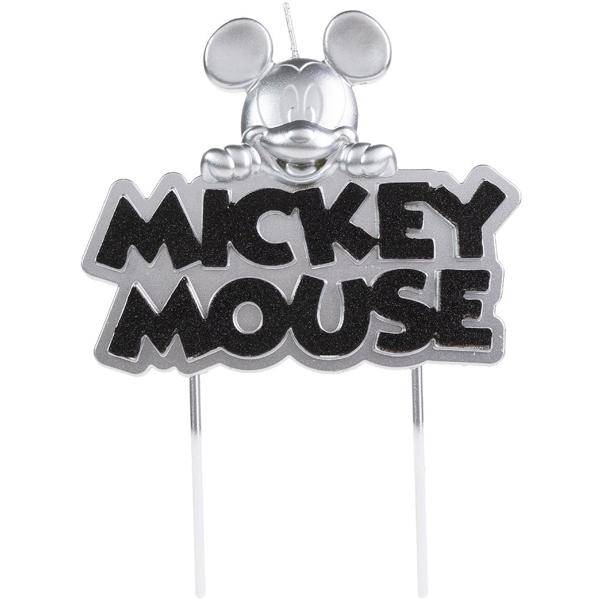 Vela de Aniversário Mickey Mouse, Metalizada Prata, com Glitter Preto, Silver Plastic - BT 1 UN