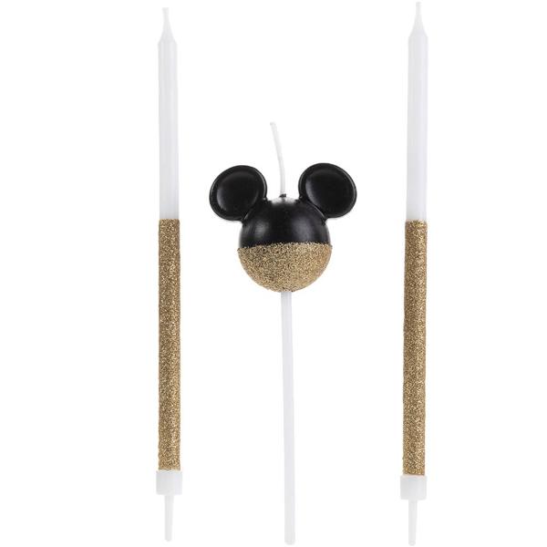 Vela de Aniversário Mickey Disney, Dourada e Preta com Glitter, 360º, Silver Plastic - BT 3 UN