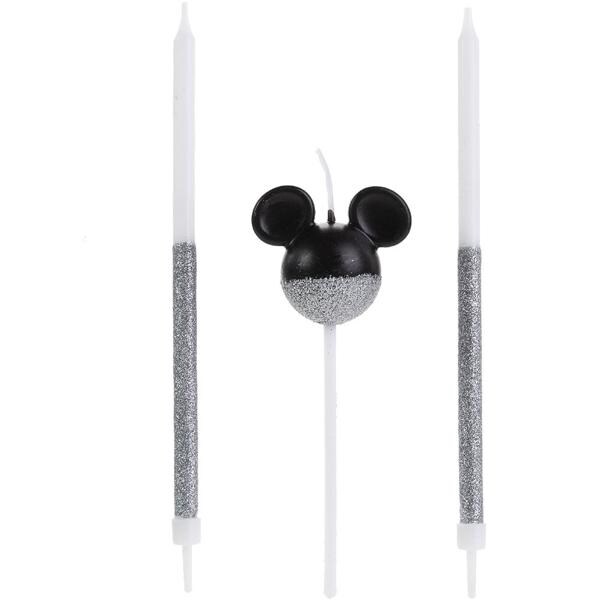 Vela de Aniversário Mickey Mouse, Prata e Preto com Glitter, 360º, Silver Plastic - BT 3 UN