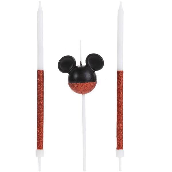 Vela de Aniversário Mickey Disney, Vermelha e Preto com Glitter, 360º, Silver Plastic - BT 3 UN