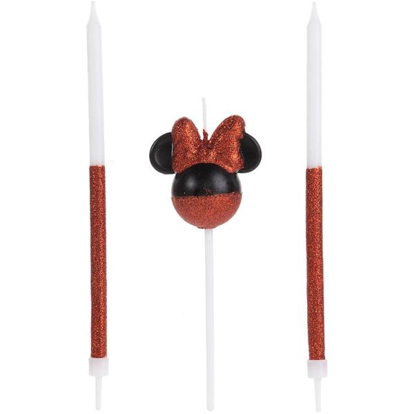 Vela de Aniversário Minnie Disney, Vermelha e Preto com Glitter, 360º, Silver Plastic - BT 3 UN