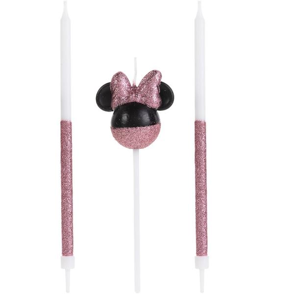 Vela de Aniversário Minnie Mouse, Rosa e Preto com Glitter, 360º, Silver Plastic - BT 3 UN