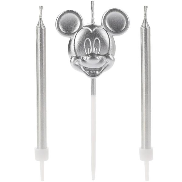 Vela de Aniversário Mickey Mouse, Prateada, Silver Plastic - BT 3 UN