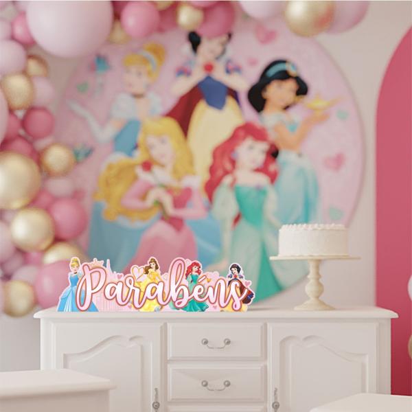 Decoração de Mesa Infantil "Parabéns", Princesas Disney, Piffer - PT 1 UN