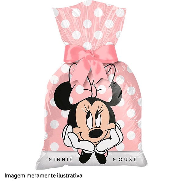 Sacola de Plástico para Lembrancinha Minnie Mouse Rosa, Regina Festas - PT 12 UN