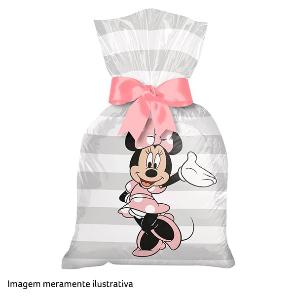 Sacola de Plástico para Lembrancinha Minnie Disney Rosa, Regina Festas - PT 12 UN