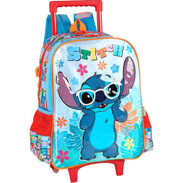 Mochila escolar em poliéster com rodas Stitch, Disney, Azul, IC42392SC0200U, Luxcel - PT 1 UN