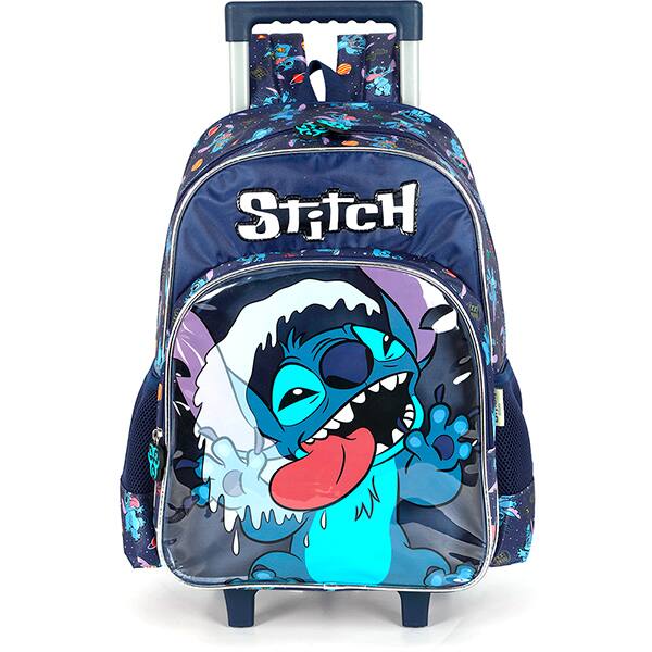 Mochila escolar em poliéster com rodas Stitch, Disney, Azul, IC42372SCKL02, Luxcel - PT 1 UN