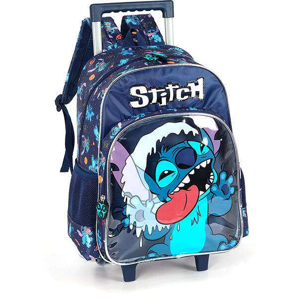 Mochila escolar em poliéster com rodas Stitch, Disney, Azul, IC42372SCKL02, Luxcel - PT 1 UN