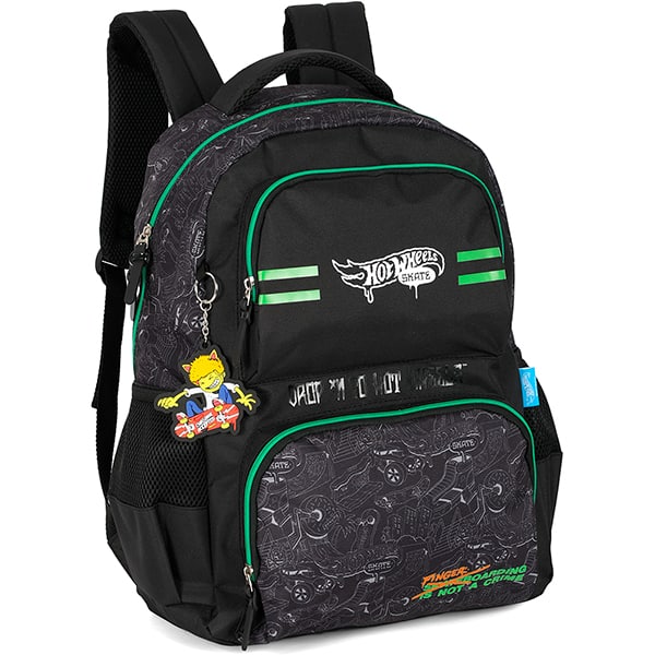 Mochila escolar em poliéster Hot Wheels Skate, Preto com verde, MS50001HW0, Luxcel - PT 1 UN